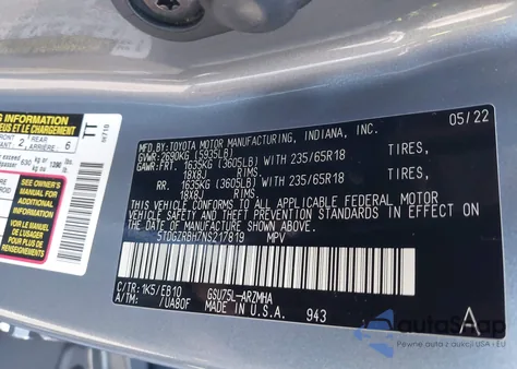 2022 Toyota Highlander Xle z USA, uszkodzony, nr VIN 5TDGZRBH7NS217819